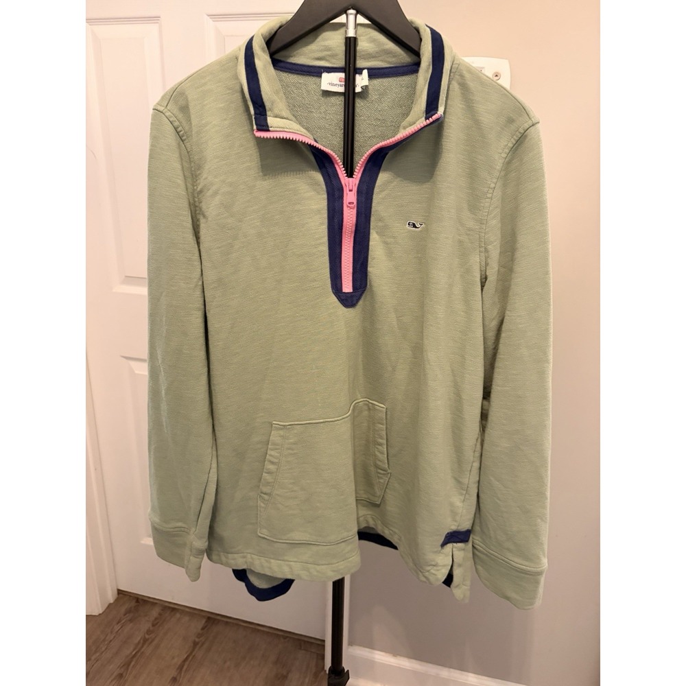 Vineyard Vines XL Olive Green & Pink Trim Quarter-Zip Shep Shirt Coastal Casual